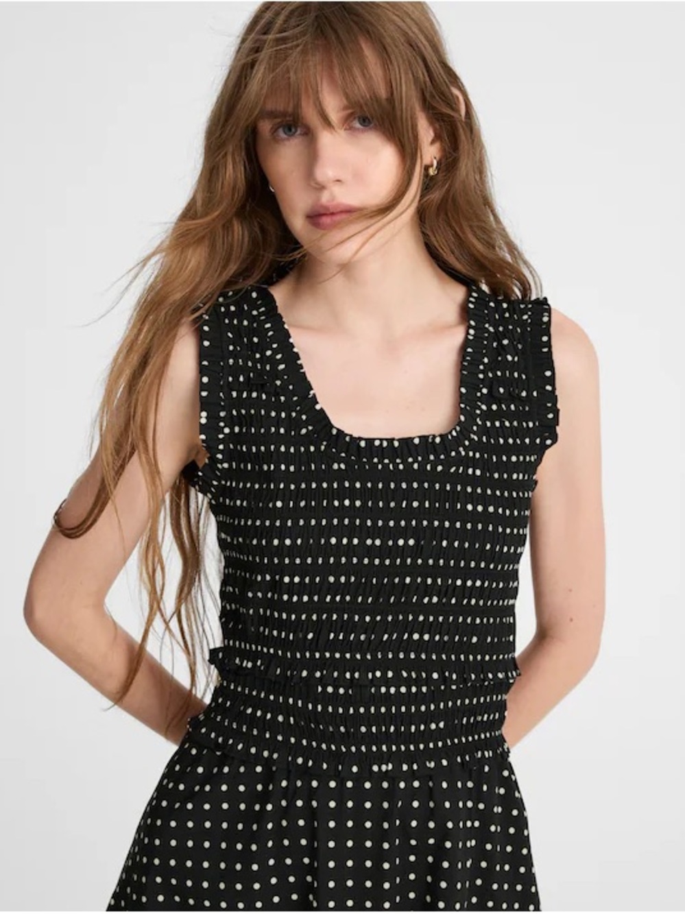 Black Polka Dot Smocked Scoop Neck Dress